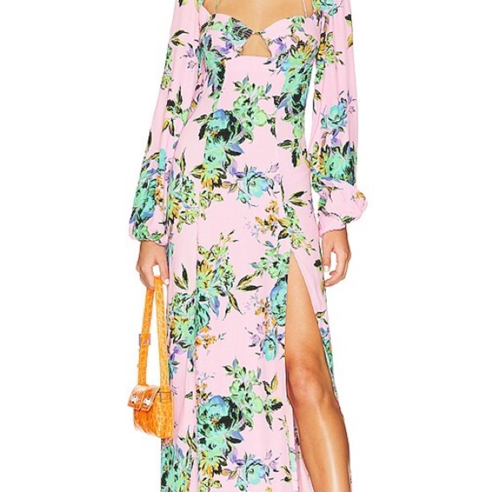 AFRM Pink and Green Sundress with Bishop Sleeves